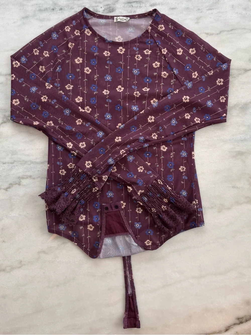 Free People Up All Night Printed Bodysuit Plum Floral Mesh Women Size M